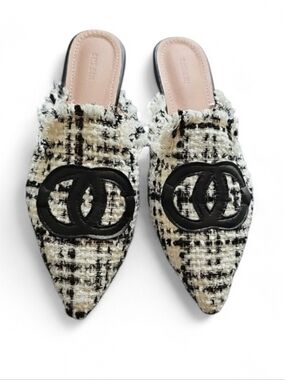 Tweed Pointed Toe Slip-On Mule Flats